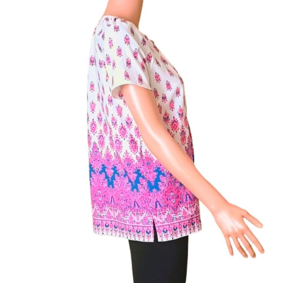 Talbots Split Neck Tunic Top SP White Pink Blue Floral Blouse with Side Slits - Picture 4 of 8